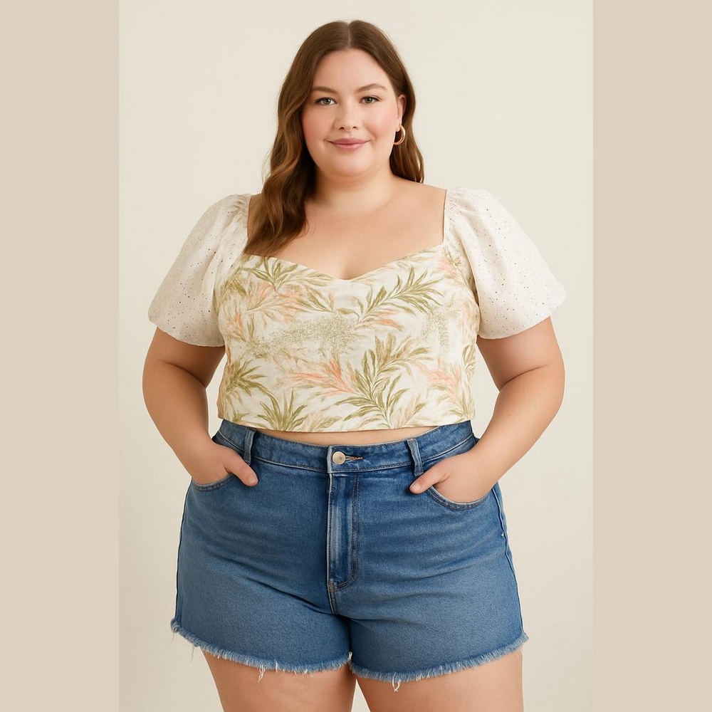 June & Hudson Women's Size L White Tropical Linen Blend Eyelet Off Shoulder Top